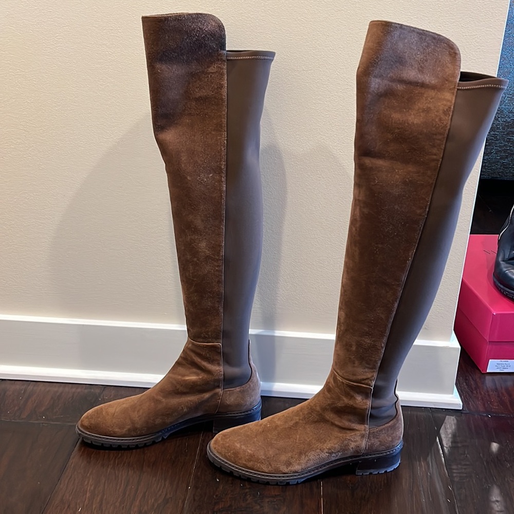 Stuart Weitzman over the knee cognac brown boot with lug sole